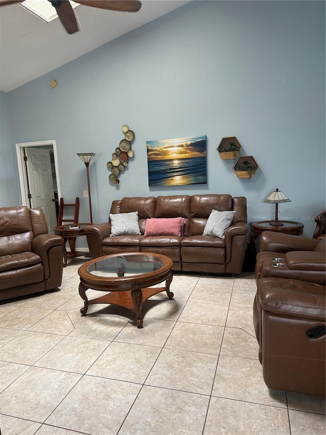 4186 Buglers Rest Pl, Casselberry, FL 32707 - living room featuring high vaulted ceiling, a ceiling fan, and light tile patterned flooring