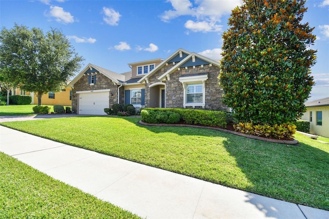 4133 Foxhound Dr, Clermont, FL 34711 - craftsman-style house with stone siding, concrete driveway, a garage, and a front lawn