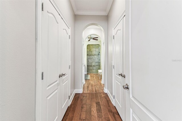 4133 Foxhound Dr, Clermont, FL 34711 - hall featuring dark wood-style flooring, ornamental molding, and arched walkways