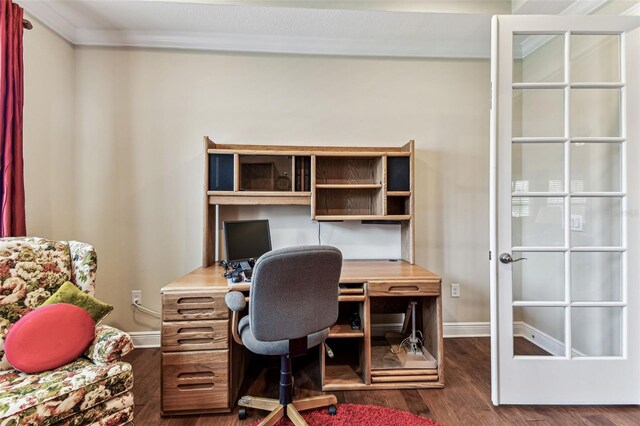 4133 Foxhound Dr, Clermont, FL 34711 - office featuring ornamental molding, dark wood-style floors, and french doors