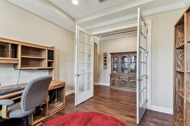 4133 Foxhound Dr, Clermont, FL 34711 - office area with french doors, wood finished floors, and crown molding