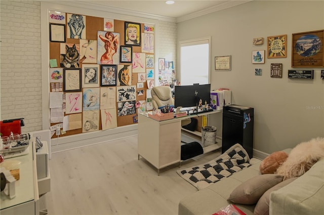 7550 John Hancock Dr, Winter Garden, FL 34787 - home office featuring wood finished floors, crown molding, brick wall, recessed lighting, and baseboards