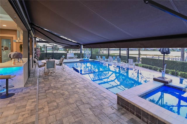 7550 John Hancock Dr, Winter Garden, FL 34787 - view of swimming pool featuring a fenced backyard, a patio area, an in-ground hot tub, and outdoor dining area