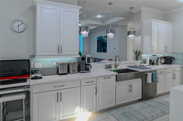 7550 John Hancock Dr, Winter Garden, FL 34787 - kitchen with a sink, decorative backsplash, crown molding, dishwasher, and a chandelier