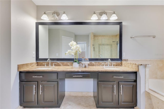 4993 Hook Hollow Cir, Orlando, FL 32837 - full bathroom featuring double vanity, a stall shower, a garden tub, and tile patterned floors
