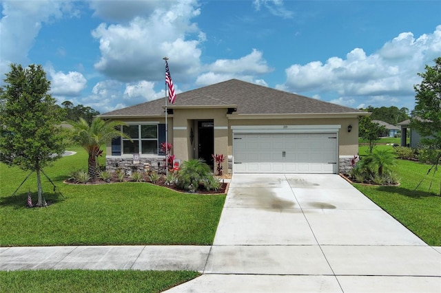 1313 Middle Lake Dr, Ormond Beach, FL 32174 - ranch-style home with stucco siding, a garage, a front lawn, and driveway