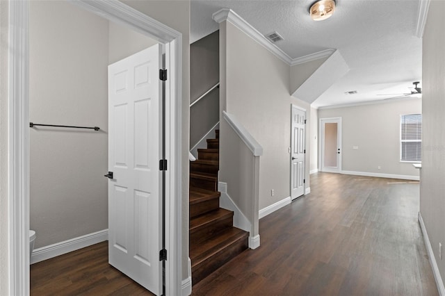 461 Black Knight Way, Longwood, FL 32779 - stairs with wood finished floors, ornamental molding, ceiling fan, baseboards, and a textured ceiling
