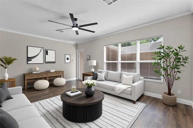 461 Black Knight Way, Longwood, FL 32779 - living area with wood finished floors, a ceiling fan, crown molding, and baseboards