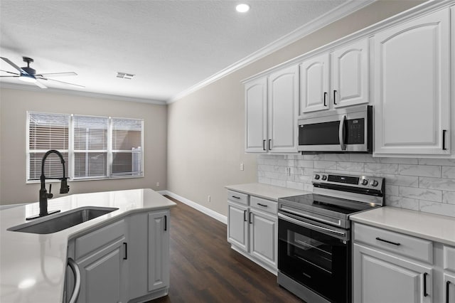 461 Black Knight Way, Longwood, FL 32779 - kitchen featuring appliances with stainless steel finishes, a sink, ceiling fan, crown molding, and tasteful backsplash