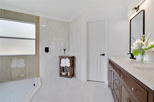 17657 Windy Pine St, Montverde, FL 34756 - bathroom with double vanity, walk in shower, marble look tiles, and crown molding