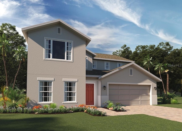 6067 Vision Rd, Saint Cloud, FL 34771 - traditional-style home with a front lawn, a garage, driveway, and stucco siding