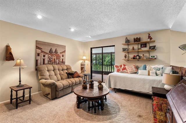 6460 Parson Brown Dr, Orlando, FL 32819 - bedroom with access to exterior, carpet floors, a textured ceiling, recessed lighting, and baseboards