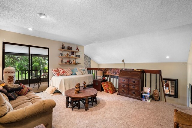 6460 Parson Brown Dr, Orlando, FL 32819 - bedroom with access to outside, a textured ceiling, carpet flooring, and vaulted ceiling