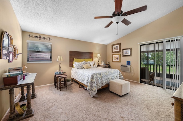 6460 Parson Brown Dr, Orlando, FL 32819 - bedroom with access to outside, lofted ceiling, carpet flooring, a textured ceiling, and ceiling fan