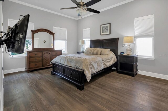 2100 Shantiniketan Blvd, Tavares, FL 32778 - bedroom with baseboards, multiple windows, dark wood-style floors, crown molding, and a ceiling fan