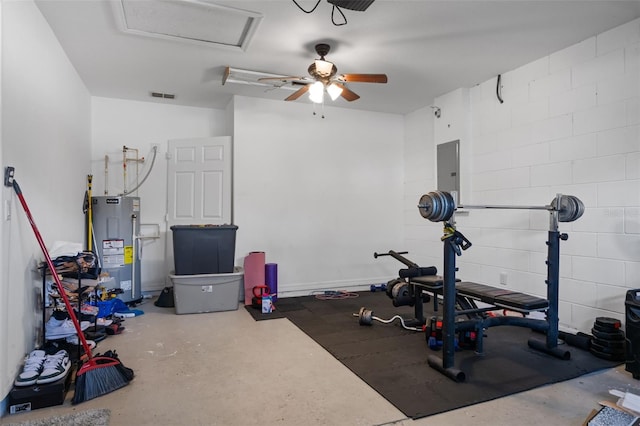 500 W Oakland Ave, Oakland, FL 34760 - workout room featuring water heater, ceiling fan, electric panel, and concrete block wall