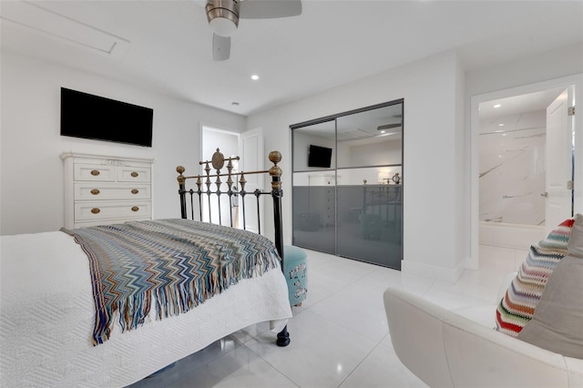 1700 Lake Markham Rd, Sanford, FL 32771 - bedroom with recessed lighting, ensuite bathroom, ceiling fan, and light tile patterned floors