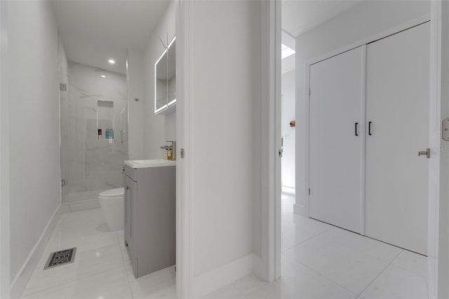 1700 Lake Markham Rd, Sanford, FL 32771 - bathroom featuring a marble finish shower, vanity, toilet, tile patterned flooring, and recessed lighting