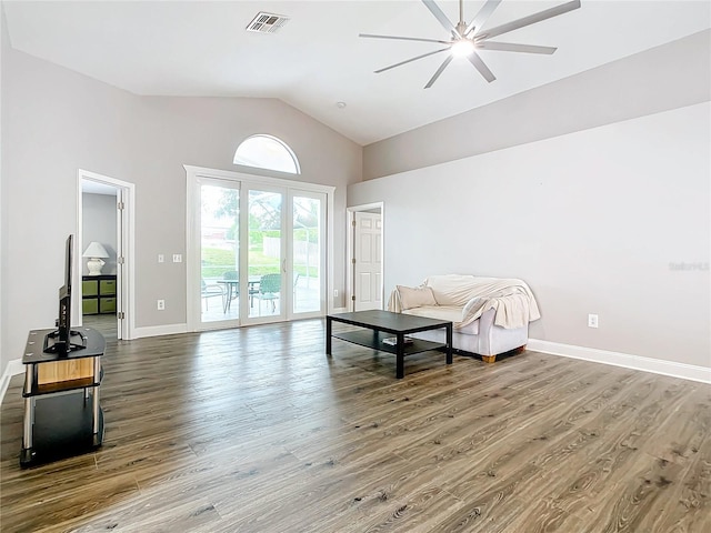2124 Fish Eagle St, Clermont, FL 34714 - sitting room with ceiling fan, wood finished floors, high vaulted ceiling, and baseboards