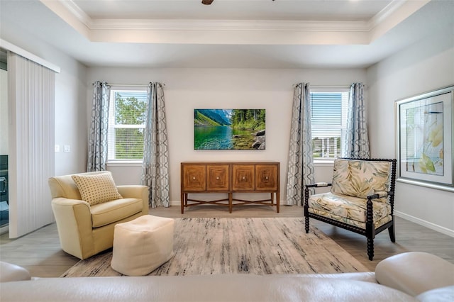 2479 Pine Preserve Ct, Saint Cloud, FL 34771 - living area with a tray ceiling, wood finished floors, ornamental molding, and baseboards