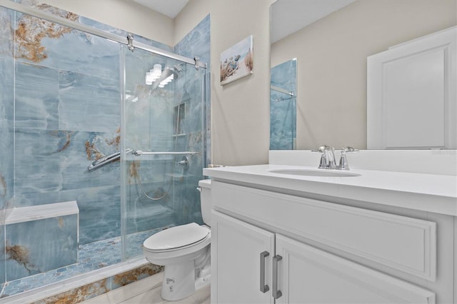 10516 Tranquil Meadow Loop, Riverview, FL 33569 - bathroom featuring toilet, vanity, a shower stall, and tile patterned flooring