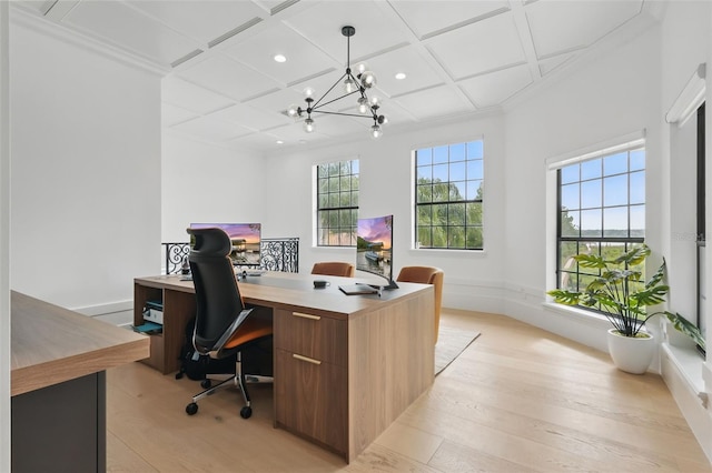 9259 Tibet Pointe Cir, Windermere, FL 34786 - office area with light wood-style floors, coffered ceiling, a chandelier, recessed lighting, and baseboards