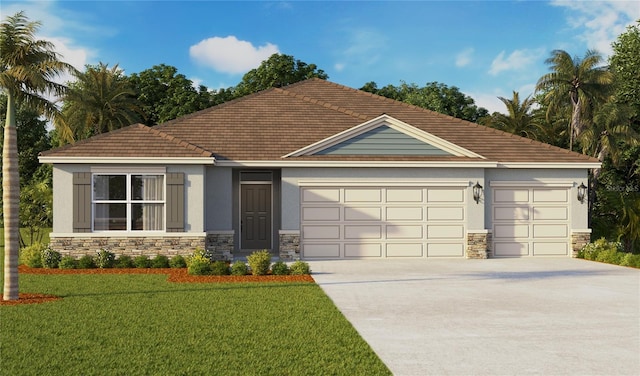 1359 Morning Walk Dr, Ormond Beach, FL 32174 - view of front of house featuring stone siding, a garage, concrete driveway, stucco siding, and a front lawn