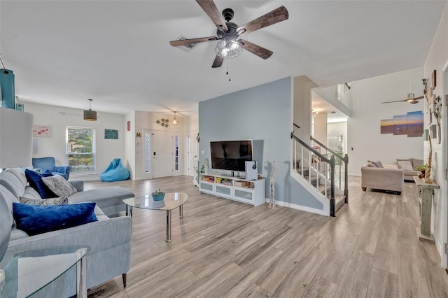 9455 Belmont Ter, Oviedo, FL 32765 - living room with a ceiling fan, stairs, and wood finished floors