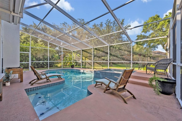 9455 Belmont Ter, Oviedo, FL 32765 - view of swimming pool featuring a patio, a pool with connected hot tub, and glass enclosure
