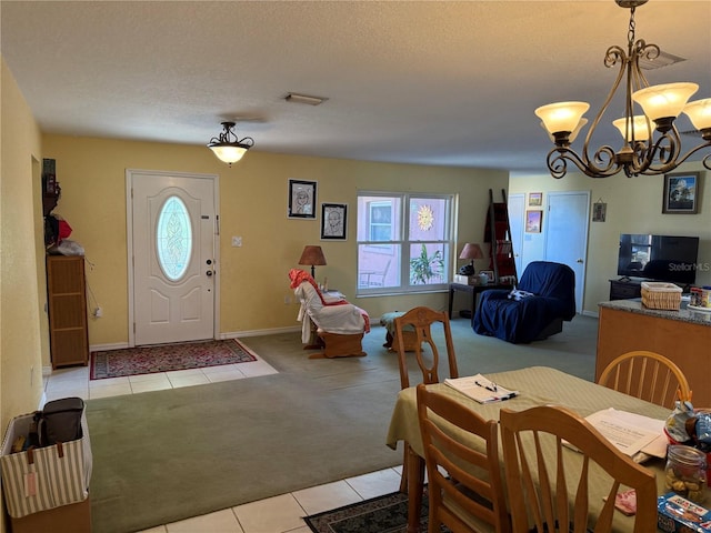 11314 Huggins St, Leesburg, FL 34788 - dining area featuring light colored carpet, light tile patterned floors, healthy amount of natural light, a chandelier, and a textured ceiling