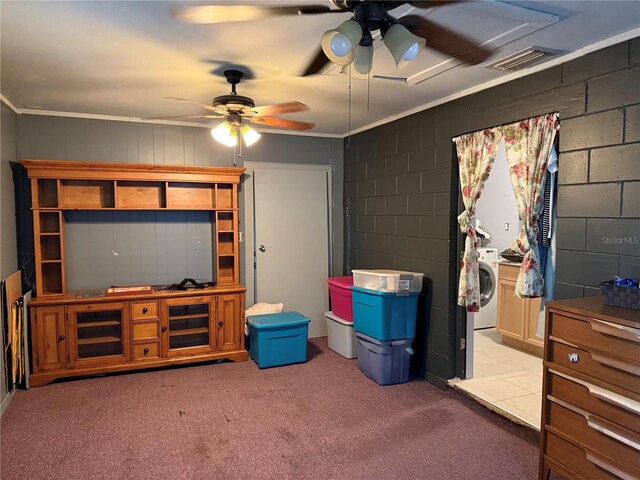 11314 Huggins St, Leesburg, FL 34788 - living room featuring a ceiling fan, washer / dryer, carpet floors, concrete block wall, and ornamental molding