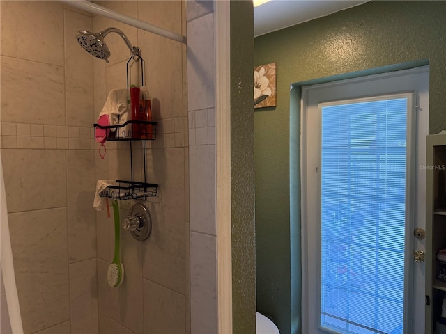 11314 Huggins St, Leesburg, FL 34788 - bathroom featuring tiled shower, toilet, and a textured wall
