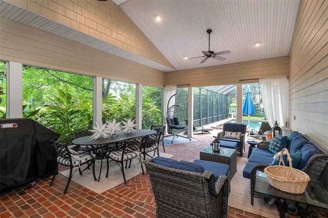 8335 Lake Burden Cir, Windermere, FL 34786 - view of patio featuring an outdoor hangout area, a ceiling fan, a grill, outdoor dining area, and an outdoor pool