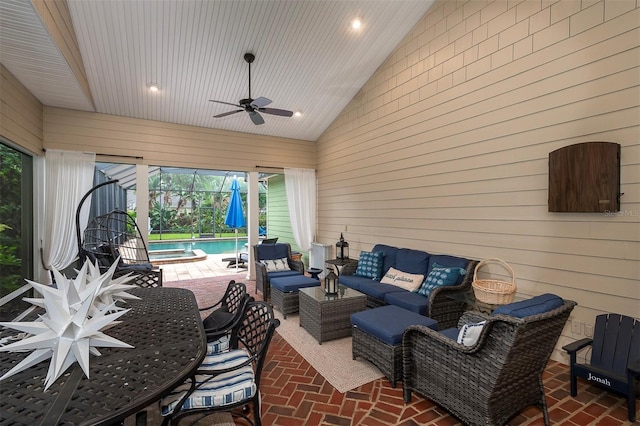 8335 Lake Burden Cir, Windermere, FL 34786 - view of patio featuring an outdoor living space, ceiling fan, a lanai, and a pool with connected hot tub