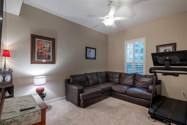 8335 Lake Burden Cir, Windermere, FL 34786 - living room with carpet flooring, ceiling fan, and baseboards