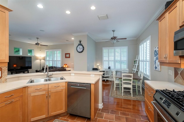 8335 Lake Burden Cir, Windermere, FL 34786 - kitchen featuring stainless steel appliances, a sink, ceiling fan, ornamental molding, and a peninsula