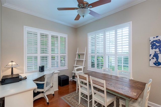 8335 Lake Burden Cir, Windermere, FL 34786 - office space with crown molding, wood finished floors, a ceiling fan, and baseboards