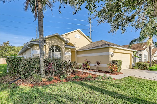 4305 Balmoral Ct, Wesley Chapel, FL 33543 - view of front of property with stucco siding, a garage, a front lawn, and driveway