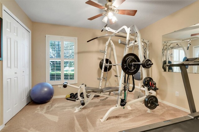 11602 Graces Way, Clermont, FL 34711 - exercise room featuring carpet floors, plenty of natural light, baseboards, and ceiling fan