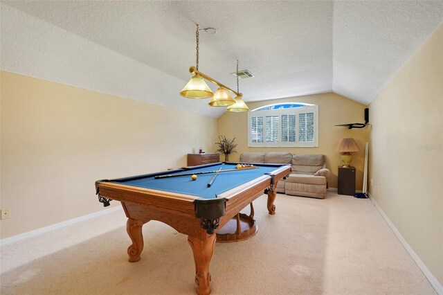 11602 Graces Way, Clermont, FL 34711 - rec room featuring lofted ceiling, billiards table, carpet floors, baseboards, and a textured ceiling