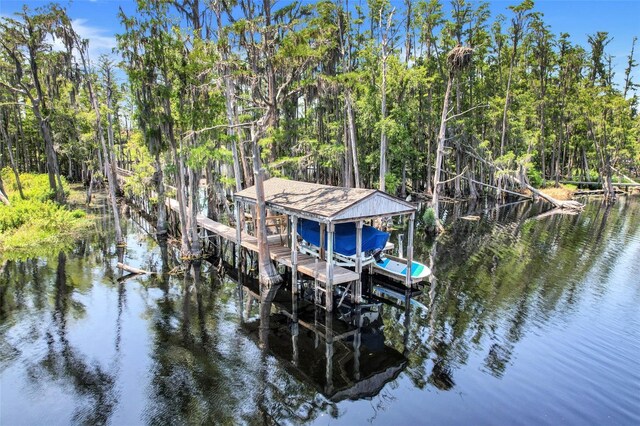 11602 Graces Way, Clermont, FL 34711 - dock area featuring boat lift, a water view, and a wooded view