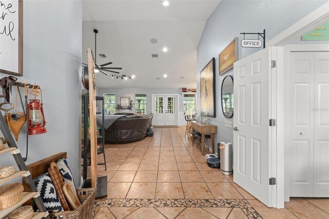 17523 Doris St, Montverde, FL 34756 - foyer entrance featuring a ceiling fan, french doors, recessed lighting, and light tile patterned floors