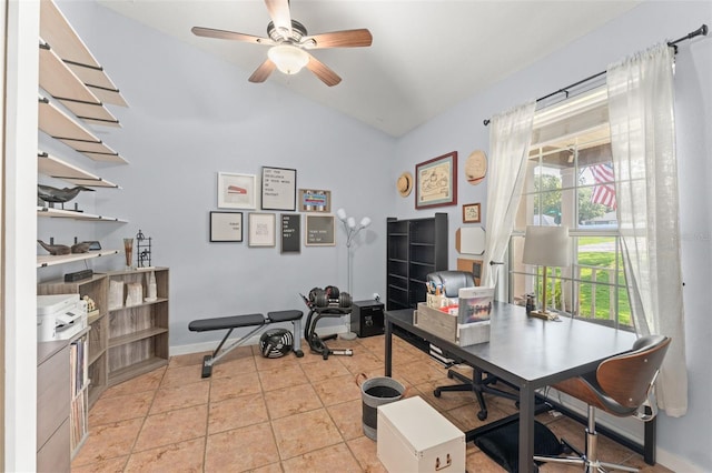 17523 Doris St, Montverde, FL 34756 - office featuring vaulted ceiling, a ceiling fan, and baseboards