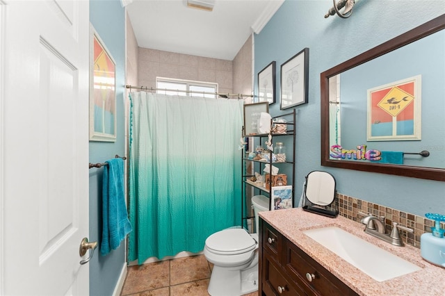 17523 Doris St, Montverde, FL 34756 - full bathroom with vanity, toilet, a shower with curtain, backsplash, and tile patterned floors
