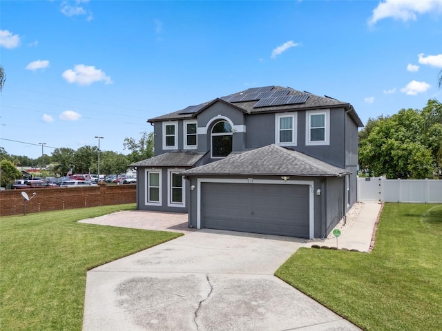 470 Regal Downs Cir, Winter Garden, FL 34787 - traditional-style house with stucco siding, concrete driveway, solar panels, a garage, and roof with shingles