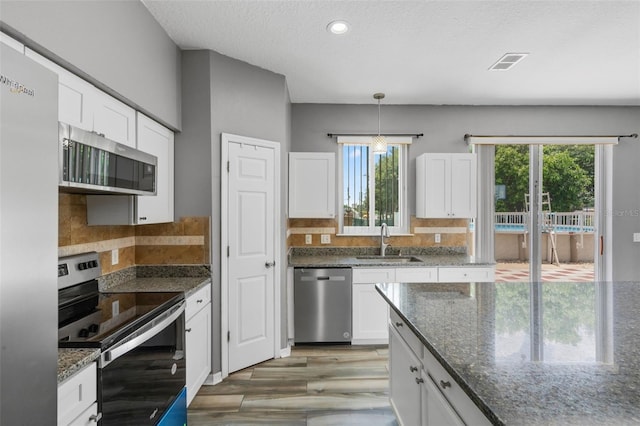 470 Regal Downs Cir, Winter Garden, FL 34787 - kitchen featuring stainless steel appliances, a sink, white cabinetry, light wood finished floors, and healthy amount of natural light