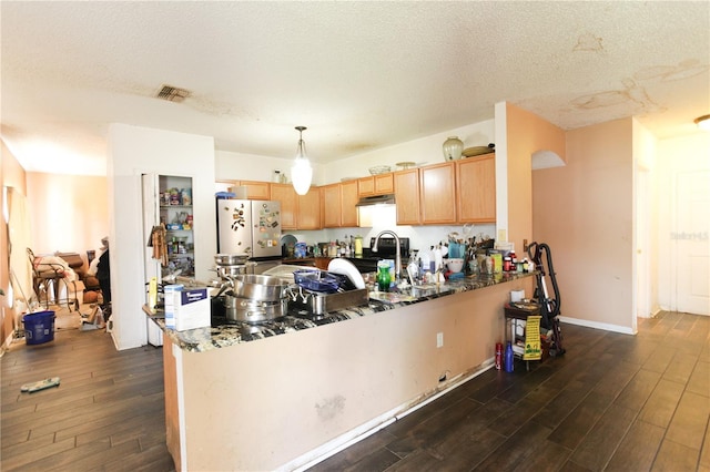 2305 Rio Grande Forest Ln, Kissimmee, FL 34759 - kitchen with freestanding refrigerator, dark wood-type flooring, light brown cabinetry, and a textured ceiling