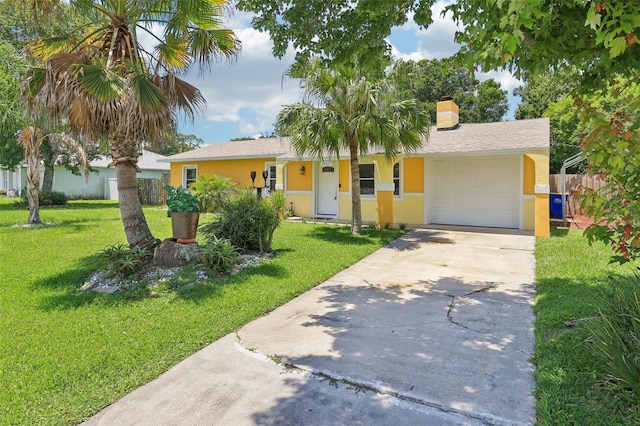 2704 Yule Tree Dr, Edgewater, FL 32141 - ranch-style home featuring a garage, driveway, stucco siding, and a chimney