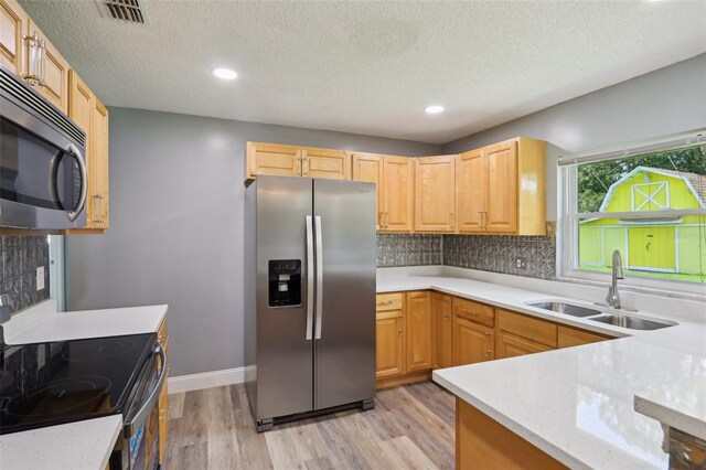 2704 Yule Tree Dr, Edgewater, FL 32141 - kitchen with stainless steel appliances, a sink, light wood-style flooring, decorative backsplash, and recessed lighting