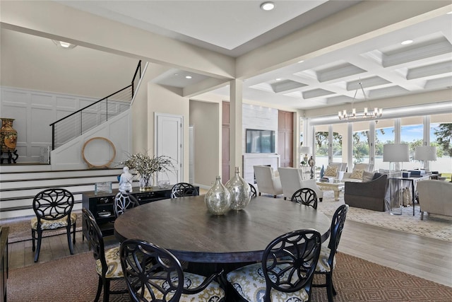 1112 Preserve Point Dr, Winter Park, FL 32789 - dining space with wood finished floors, beam ceiling, coffered ceiling, stairway, and recessed lighting